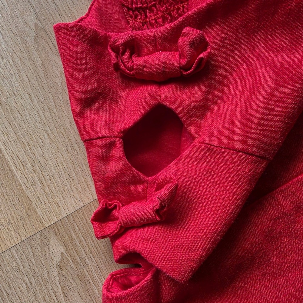 WAYF Red Linen Blend Side Cutout Midi Dress Womens Large Smocked Back Summer - Picture 11 of 11